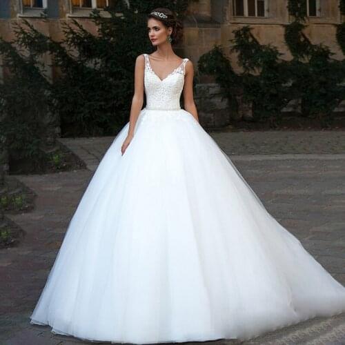Vestido De Noiva V Neck Applique Ball Gown Belt Lace Up Tulle Bridal Gown Custom Plus Size Wedding Dresses