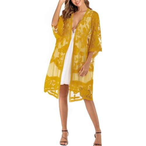 Bohemian Women Lace Floral Crochet Sheer Bikini Cover Up Long Open Cardigan