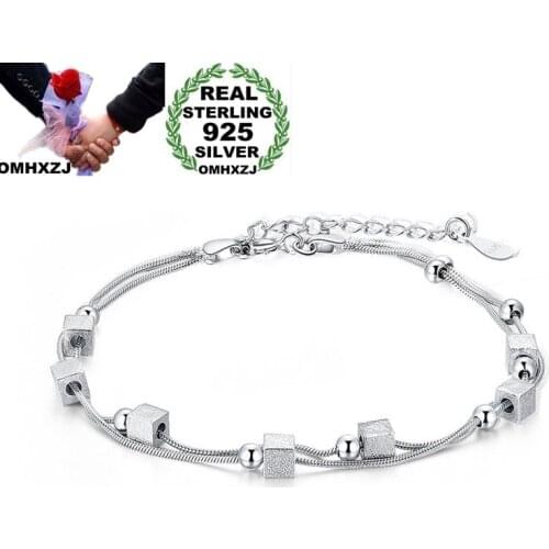 OMHXZJ Wholesale Personality Fashion OL Woman Girl Party Gift Silver Square Round Beads 925 Sterling Silver Bracelet BR103