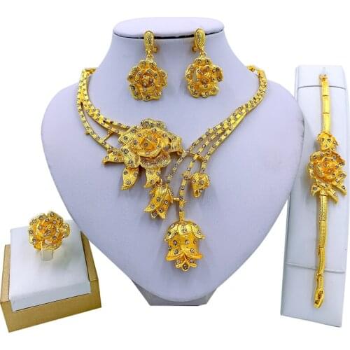 Elegant Women Flower Gold Necklace Bracelet Earrings Ring Party Fashion Jewelry Sets Dubai Bridal Wedding Accessories