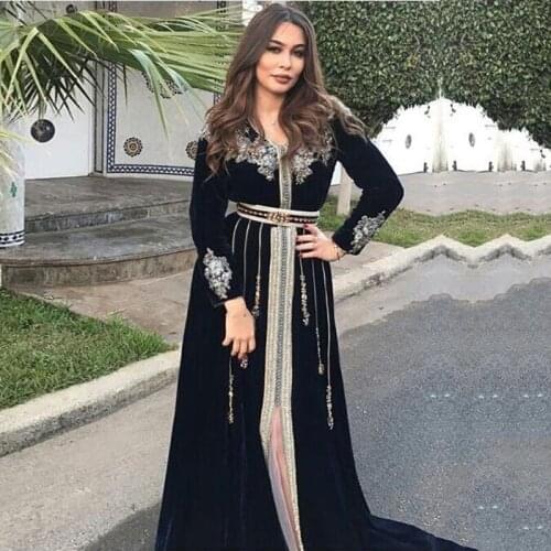 Eightale Morocco Kaftan Evening Dresses Dubai Velvet Caftan V-Neck Silver Appliques Long Sleeve Kaftan Prom Arabic Party Dress