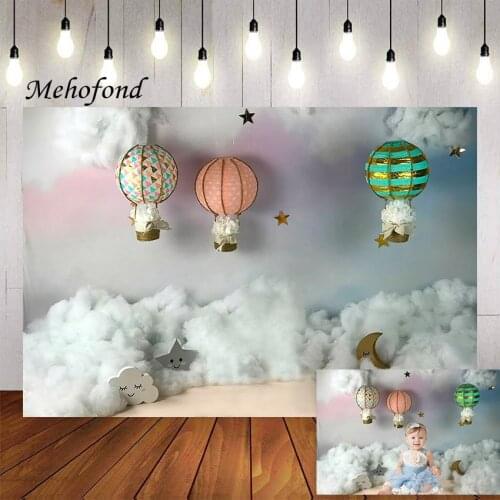 Mehofond Hot Air Balloon Photography Background Sky Cloud Stars Newborn Baby Birthday Party Portrait Backdrop Photo Studio Prop