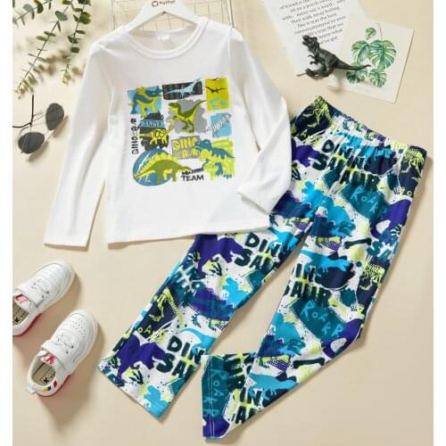 PatPat 2-piece Kid Boy Letter Dinosaur Print Long-sleeve White Tee and Elasticized Pants Sleepwear Pajamas Set