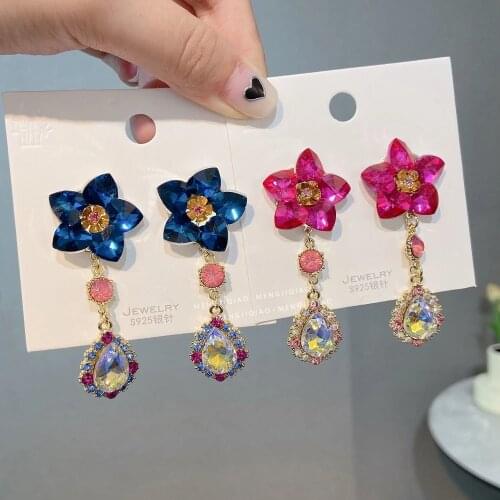 Korean Elegant Heart Petals Flower Crystal Water Drop Earrings For Women Fashion Colorful Rhinestone Pendientes Party Jewelry