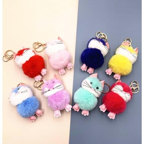 Cute Cat Keychain Fluffy Faux Rabbit Fur Key Chain Lovely Kitty Bag Pendant Key Holder Cartoon Plush Car Key Ring Women Gift