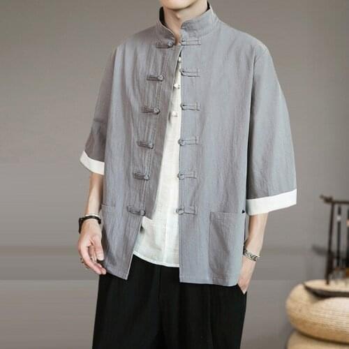 Men Chinese Style Zen Tea Denim Shirts Tang Suit Retro Casual Qipao Tops Kung Fu Blouse Coat Japanese Streetwear Jackets 30482