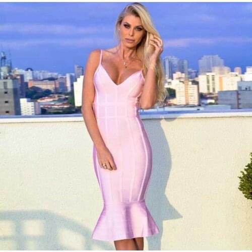 2020 New Summer Women Dress Spaghetti Strap Pink Mermaid Bandage Dress Sexy V Neck Backless Solid Fashion Club платье Vestidos