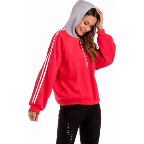 Autumn Woman Vertical Stripes Patchwork Drawstring Hooded Sweatshirt Hoodie for Women Teens Girls Fall Loose Fit Casual Pullover