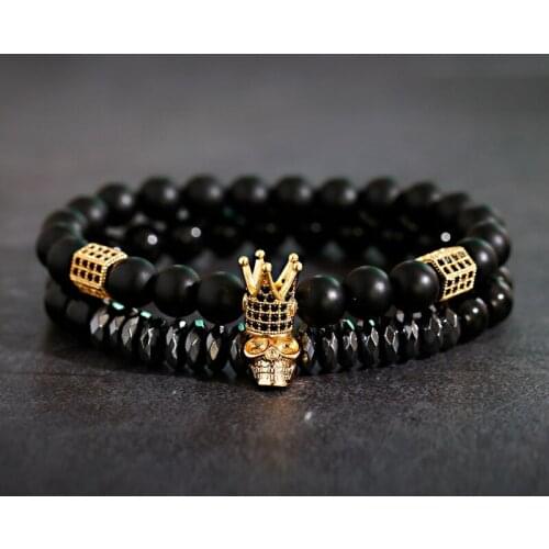 Luxury Men Stone Beads Skull Erkek Bileklik Bracelet Set Black CZ Crown Copper Bracelets For Women Pulseras Mujer