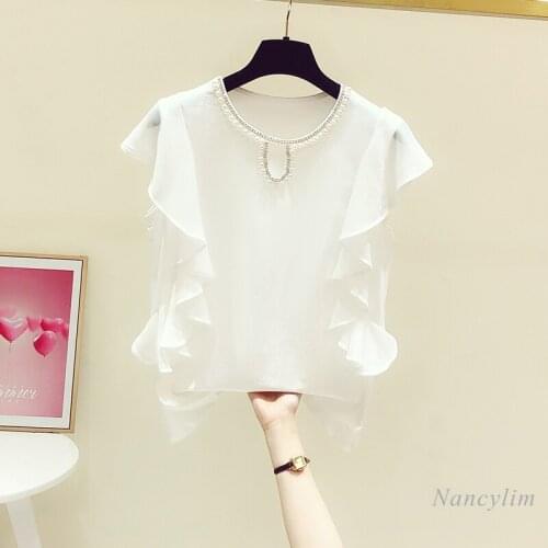 Chiffon T Shirt for Women 2021 Summer New Fashion Round Neck Beads Rhinestones T-shirts Ladies Ruffle Sleeve Casual Top