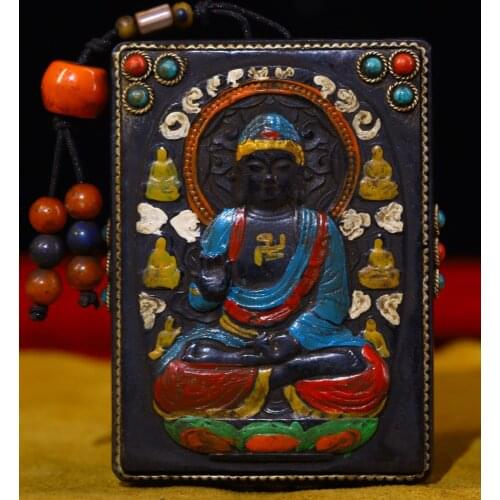 Tibet Temple Collection Old Natural horns Filigree mosaic Gem Dzi Bead Shakyamuni Buddha Amulet Pendant Town House Exorcism