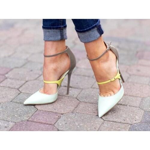 Neon Ankle Buckle Patent Leather Patchwork Ladies Sexy High Heels Spring Fashion White Leather Women Pumps Elegant Party Shoes