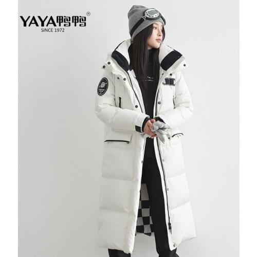 YAYA 2021 Womens Winter White Duck Down Jacket Thick Loose below knee longer Warm Down Overcoat Hood Windbreak Padded Outerwear