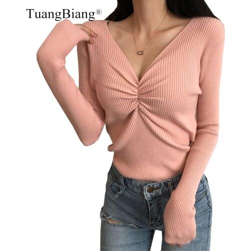 2020 Autumn Winter Sexy Pleated V-neck Pullover knitted women Long sleeve Slim Elasticity Jumper Ladies Solid color sweater Tops