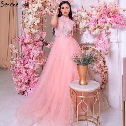 Serene Hill Pink Luxury Beaded A-Line Evening Gown 2021 Tassels Short Sleeves High Neck For Women Formal Party Dress CLA60997