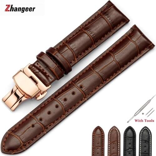 14 16 18 20 21 22 24mm Watchband Double Press Butterfly Buckle Cow Leather Waterproof Bottom Breathable Strap Watch Accessories