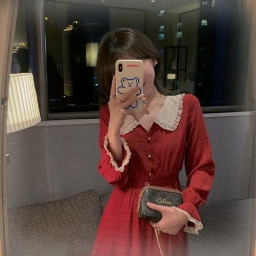 2020 New Women Dress Sweet Peter pan Collar French Platycodon Dress Autumn Winter Bottoming Dress Vintage Slim Fit Vestidos