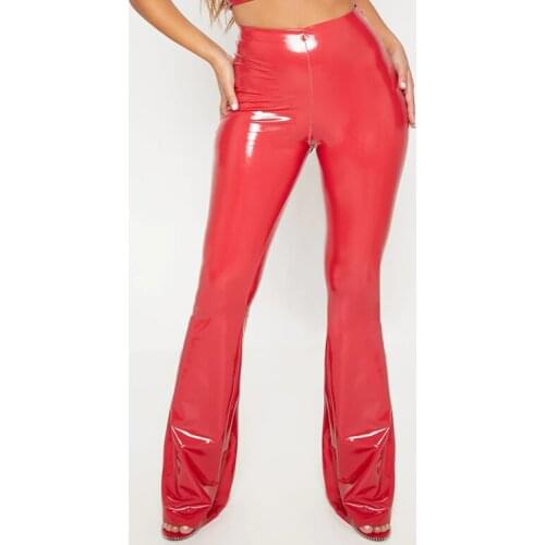 Shiny Latex Leather Flare Pants Women High Waist Slim PU Leather Trousers Office Lady Vintage Bell-bottom Pants Stretch Custom