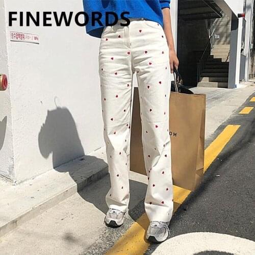 FINEWORDS High Waist Heart Embroidery White Jeans Women Loose Casual Korean Wide Leg Jeans Streetwear Vintage Plus Size Jeans