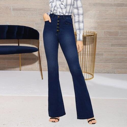 Blue Button Fly Flare Jeans Women High Waist Denim Trousers Casual Flared Pants Office Lady Slim Denim Boot Cut Pants Streetwear