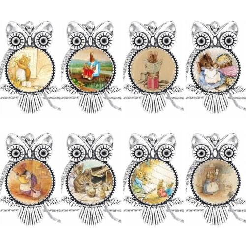 EJ Glaze Mouse Mom Beatrix Potter Bronze Color Glass Cabochon With Owl Shaped Pendant Choker Necklace For Girls Wholesale