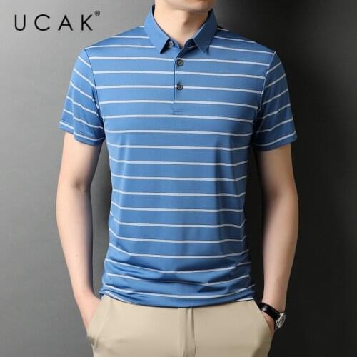 UCAK Brand Classic Turn-down Collar Striped T Shirt Men Clothes Summer Fashion Tops Streetwear Casual Soft Tshirt Homme U5483