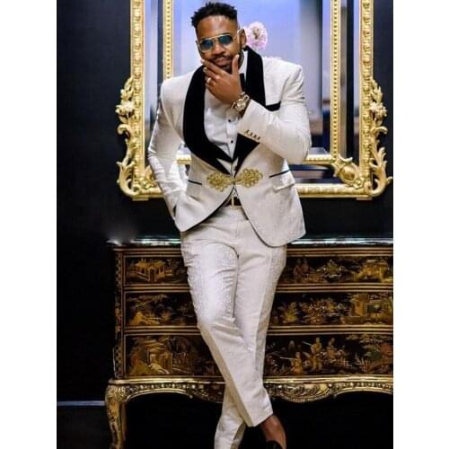 Custom Made Men Suits BIvory Pattern Groom Tuxedos Shawl Black Lapel Groomsmen Wedding Best Man ( Jacket+Pants+Vest+Tie ) C937