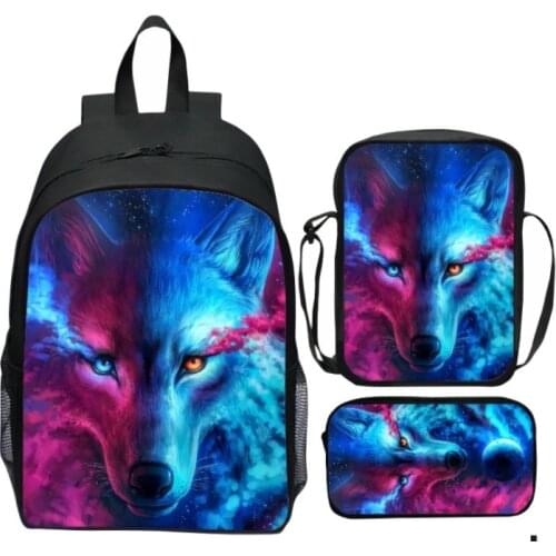New 3pcs Set Girl Boy Backpack Purple Space Stars Galaxy Wolf Schoolbag College Student Mochila Rucksack Kid School Bags