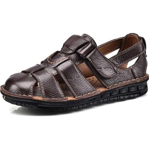 Summer Old Man Wearing Mens Soil Leather Beach Shoes Breathable Mesh Eyelids Sandals Baotou Non-slip Grandpa Shoes