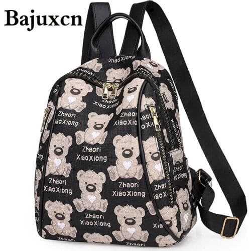 Cute Printed Bear Girl Backpack 2021 Summer New Soft Leather Youth Girl Black School Bag Multi-purpose Shoulder Travel Bag