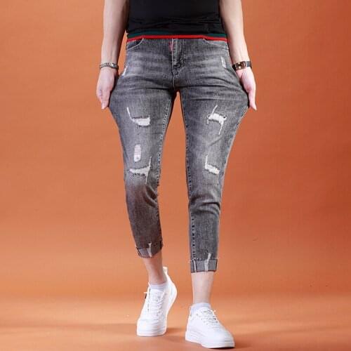 Fashion Ankle-Length Pants Ripped Jeans Men 2021 Summer Gray Thin Slim Fit Denim Trousers