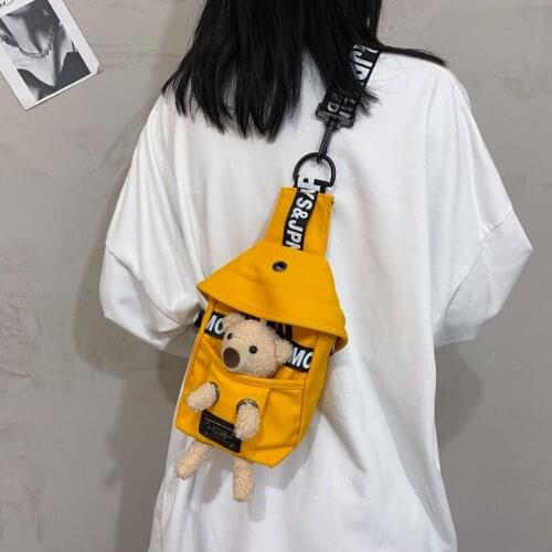 2020 new fresh and sweet cute canvas mini bucket bag chest bag messenger small bag female student doll cartoon trend