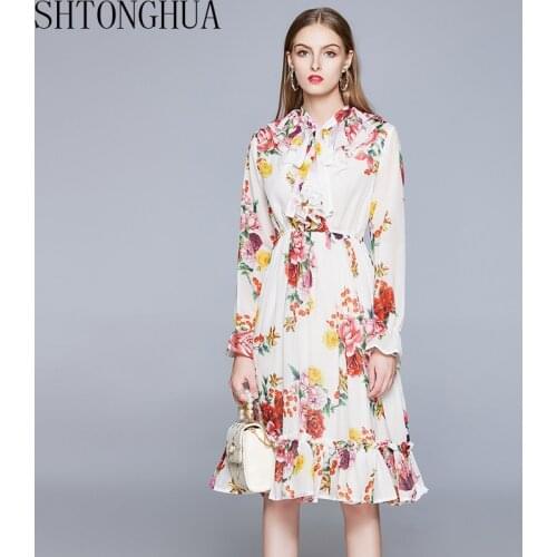 2020 New Charming Rose Flower Print Autumn Women Dress Elegant Flare Long Sleeve Ruffles Ribbon Fashion Runway Dress Vestidos