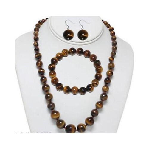 New 6-14mm Tigers Eye Yellow Round Bead Necklace Bracelet and Earrings Set 18"