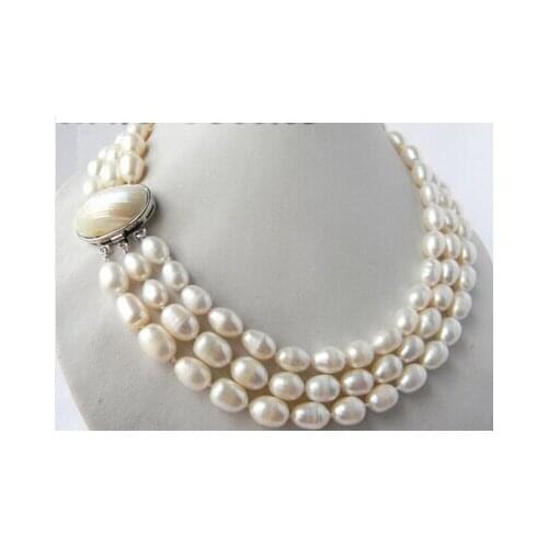 3Strands 18'' 9.5mm White Rice Freshwater Pearl Necklace Factory Wholesale price Women Gift word Jewelry