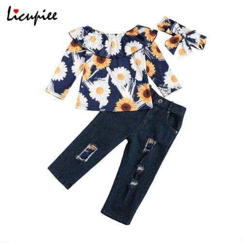 1-6 Years 3 Pcs Infant Casual Outfits, Baby Girl Flower Print Long Sleeve Round Neck Ruffle Pullover + Ripped Jeans + Headband