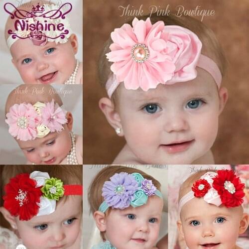 Nishine Girl Flower Headband Chiffon Rose Flower Elastic Hair Band Pearl Rhinestone Kids Head Band Children Hair Accressories