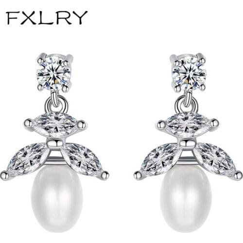 FXLRY Luxury White Color Micro Inlay Zircon Fashion Exquisite Natural Pearl Earrings for Women Party Gift