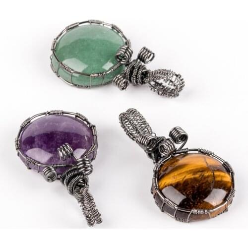 Natural stone hand-wound flat round beaded natural amethyst pendant for jewelry making DIY necklace bracelet accessories