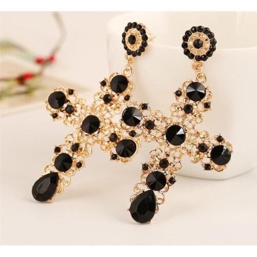 SexeMara New Arrival Vintage Black Crystal Cross Drop Earrings Women Pink Baroque Bohemian Large Long Earrings Jewelry Brincos