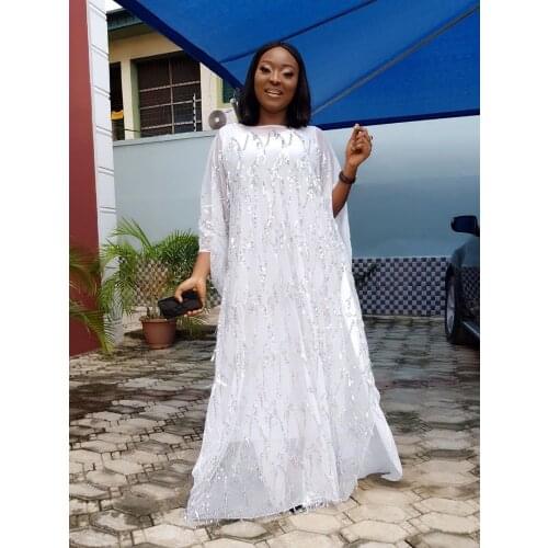 Loose Soild Sequins Fairy Dresses European Evening Party Dress 2020 Muslim Clothing Chiffon Batwing Sleeve African Women Clothes