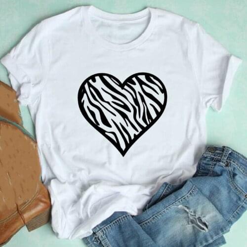 Female Tee Top Graphic T-shirt Women Short Sleeve Leopard Heart Love Cartoon Girl 90s Valentine Ladies Clothes Print Tshirt
