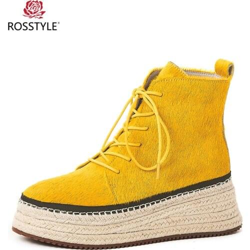 ROSSTYLE Handmade Woman Winter Warm Ankle Boots High Quality Round Toe Thick Heel Shoes Solid Lace-up Casual Soft Lace-up Boots