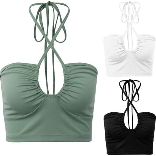 Women Sleeveless Off Shoulder Tube Top Halter Crisscross Lace-Up Solid Color Camis Vest Sexy Hollow Out Ruched Backless N2UE