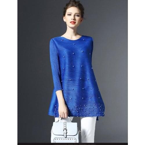 2020 spring short dress simple pleated loose large size solid color beaded dress