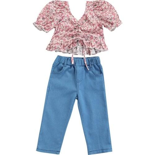 2021 1-6Y Fashion Kids Baby Girl Clothing V Neck Floral Print Pleated Bandage Crop Top Blouse+Denim Pants Trousers Summer 2pcs