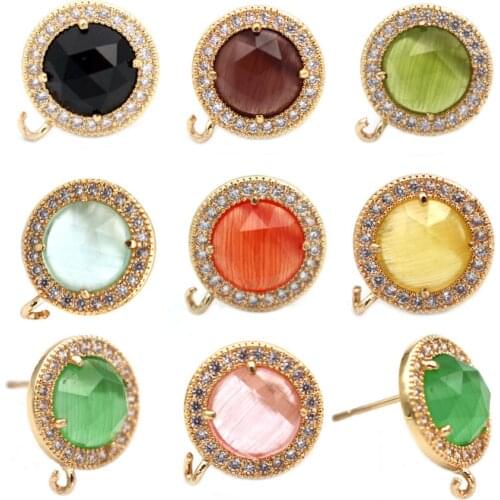 6pairs Gold Plated Faceted Round Cats Eye Stone Earrings Post Connectors CZ Paved For DIY Women Fashion Dangle Earrings Making