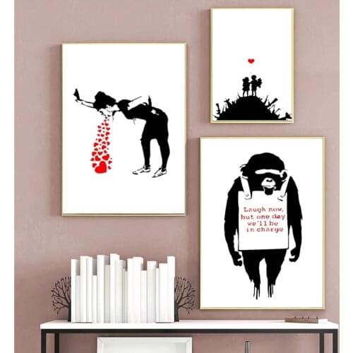 Abstract Canvas Painting Banksy Graffiti Art Pictures Black White Wall Art Posters and Prints Modern Living Room Home Decor