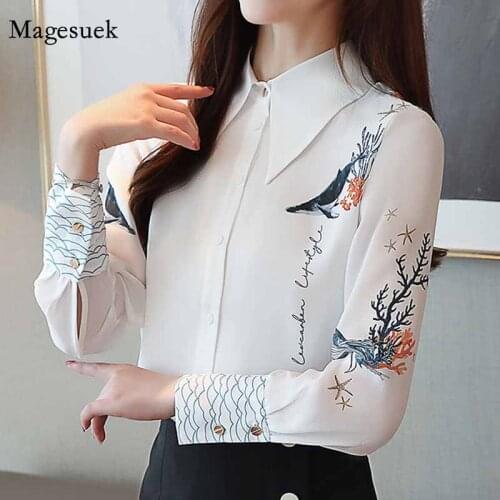 Vintage Printing Chiffon Blouse Turn-down Collar Autumn Elegant Women Ladies Tops Long Sleeve Shirt White Button Blouse 7082 50