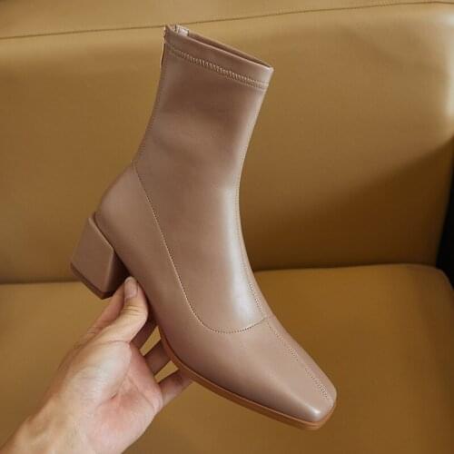 Genuine Cow Leather Martin boots women zipper single boots square toe short boots women thick heel ankle boots women